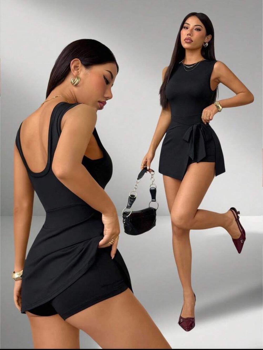 SHEIN Black Sleeveless Tie-Waist Skort Romper